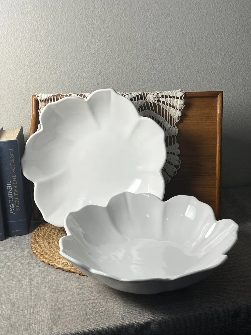FARVAL Portugal White Scalloped Flower Serving Bowls Set of 2 12”